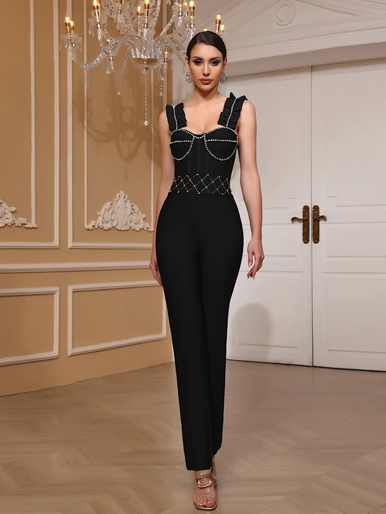 Sexy V Neck Diamonds Ruffles Patchwork Bandage Jumpsuit Women Black Sleeveless Crystal Jumpsuits Evening Party Cocktail Clubwear