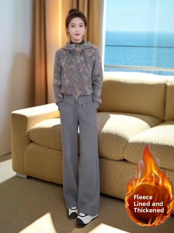 

Осенне-зимний утепленный флисовый повседневный комплект: кардиган с капюшоном и длинными рукавами, широкие брюки, комплект из двух предметов для мамы