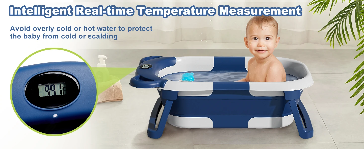 Tragbare, faltbare Babybadewanne für Neugeborene mit Echtzeit-Thermometer, weichem Stützkissen, zusammenklappbare Reise-Babybadewanne mit Ablaufstopfen, kompakte Aufbewahrung, Kinderbadewanne – Detail 1