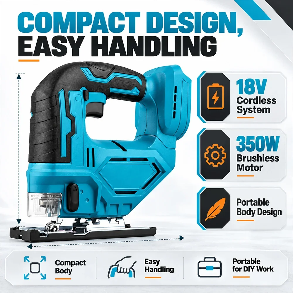 SIHAO 18V Handheld Brushless Cordless Jigsaw Portable Cutting Saw 350W No Battery New for Carpentry DIY Wood Craft Work