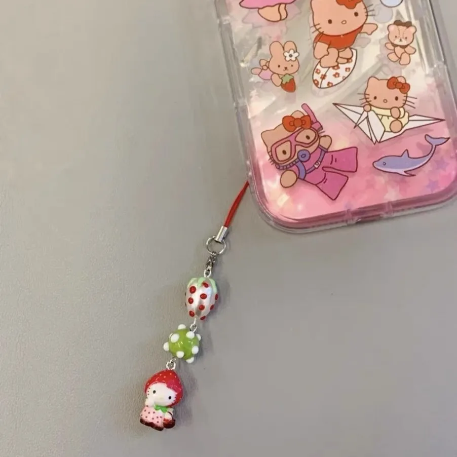 Sanrio Accessories Phone Original Cute Carrying Basket Strawberry Pendant Phone Chain Decorative Glass Bead Keychain Gift Kitty