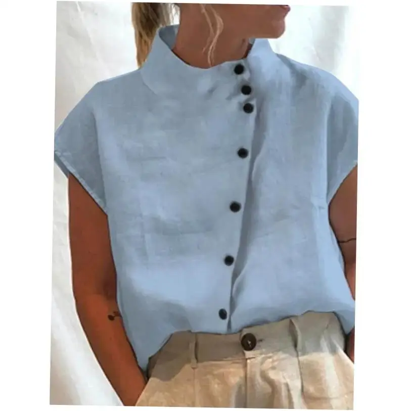 

Women's Cotton Linen Casual irt Comfortable Stand Collar ort Sve Pure Color Polyester Fiber Faion Ladies' Clothing