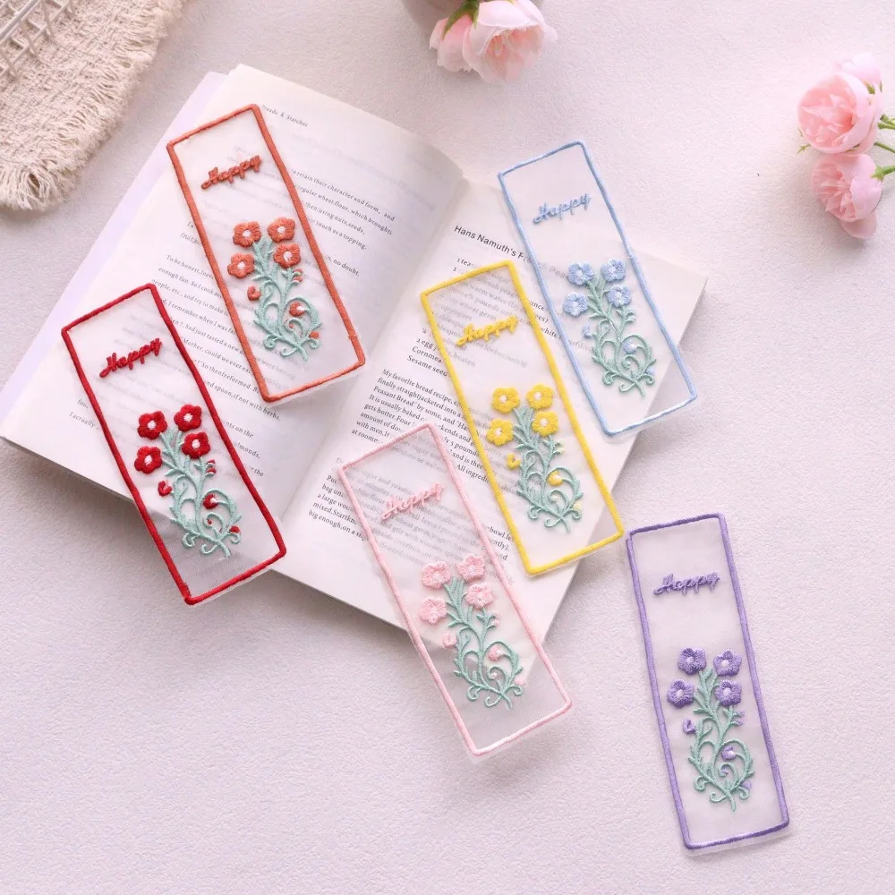 Creative Transparent Organza Bookmarks Floral Embroidery Rectangular Bookmarks