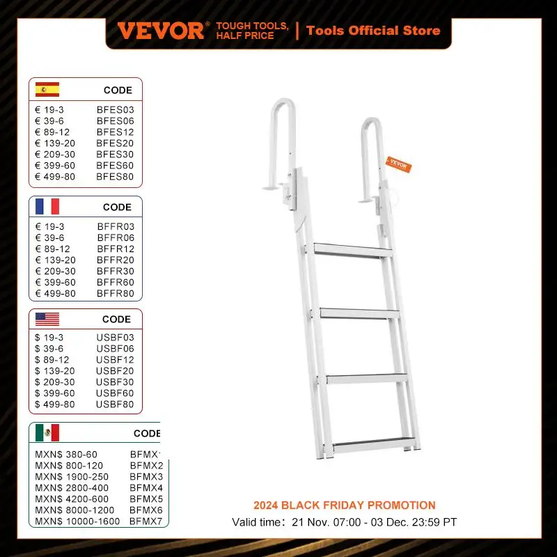 VEVOR 350lbs Dock Ladder Flip Up 4 Steps Pontoon Boat Ladder with Nonslip Mat Swimm Ladder for Ship/Lake/Pool/Marine Boarding