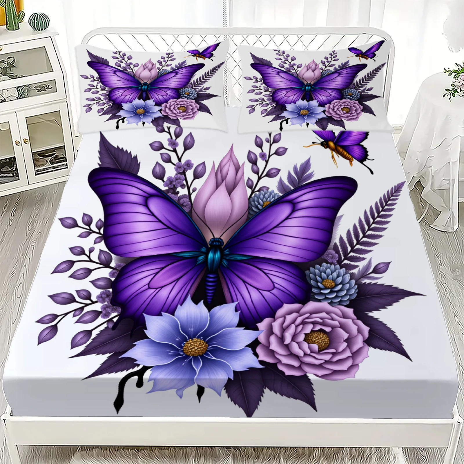 

Комплект из 3-х предметов: простыня на резинке с 3D-принтом «Фиолетовые бабочки и цветы», с наволочками, для декора спальни