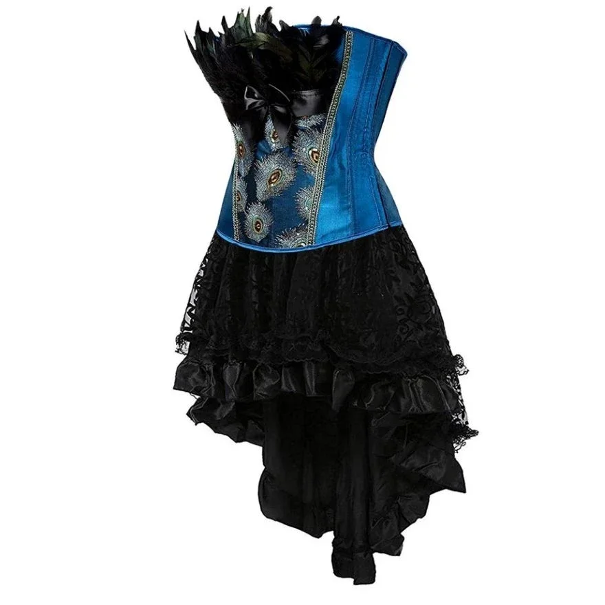 Embroidery Overbust Corset Dress Gothic Peacock Feathers Bustier Tops Floral Lace Skirt Set Vintage Women Sexy Costume