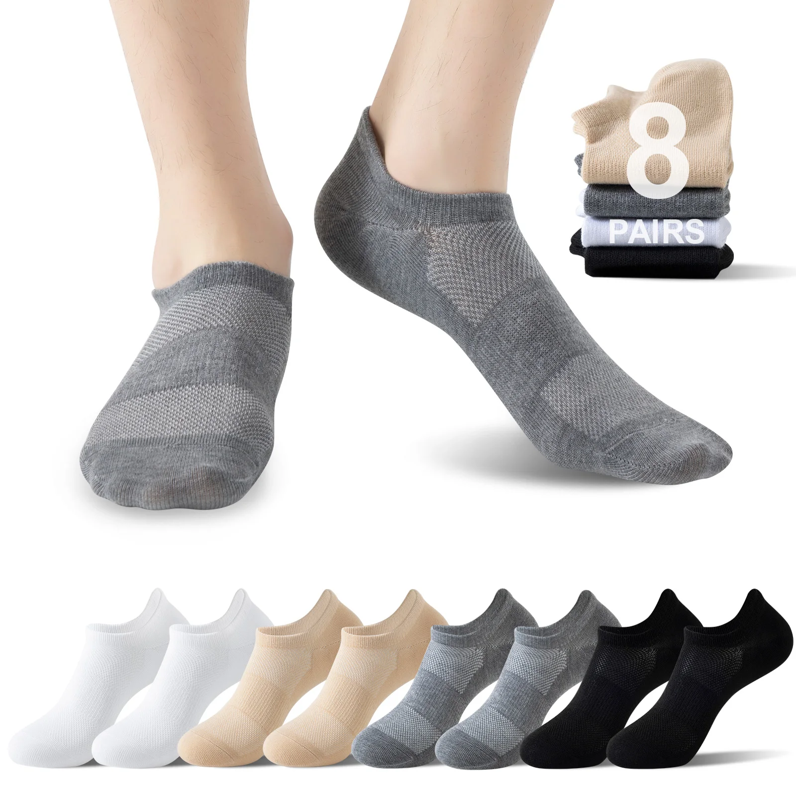 8 أزواج من الجوارب بدون عرض، جوارب كاحل منخفضة القطع مع دعم قوس وممتصة للرطوبة، جوارب غير مرئية مبطنة
