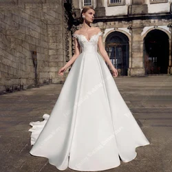 Simple Charming Satin Women Wedding Dresses Modern Off Shoulder Sleeveless Bride Gowns Elegant Floor-Length Vestidos De Novias