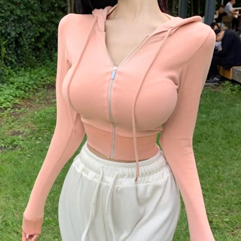 Korean Fashion Spring New Sexy Zipper Hoodie Long-sleeve Slim Hoodies Women Tops Hooded Casual Sweatshirt Sweet Women Y2k