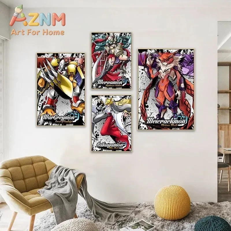 AZNM Anime Digimon Characters Canvas Wall Art Frameless Classic Japanese Cartoon Game Print Poster for Home Wall Decor