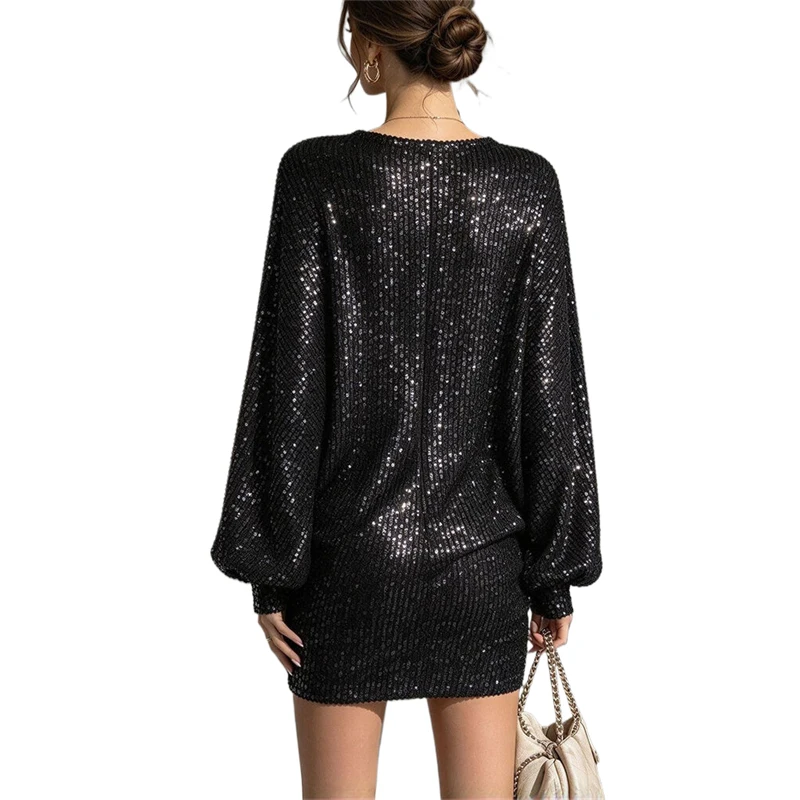 Damen Pailletten-Minikleid mit langen Ärmeln, glitzerndes Diamant-Bodycon-Kurzkleid für Partys, sexy, süß, für Nacht, Festival, Clubwear, glänzendes Kleid – Detail 9