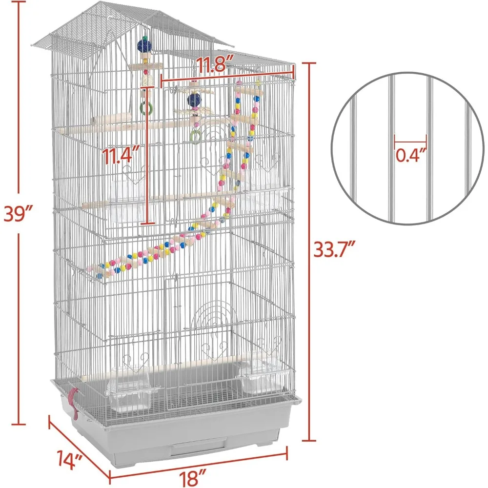 

39inch Iron Roof Top Bird Cage Parakeet Cage Parrot Cage for Small Birds Canary Budgie Cockatiel Lovebirds with Swing& Ladder