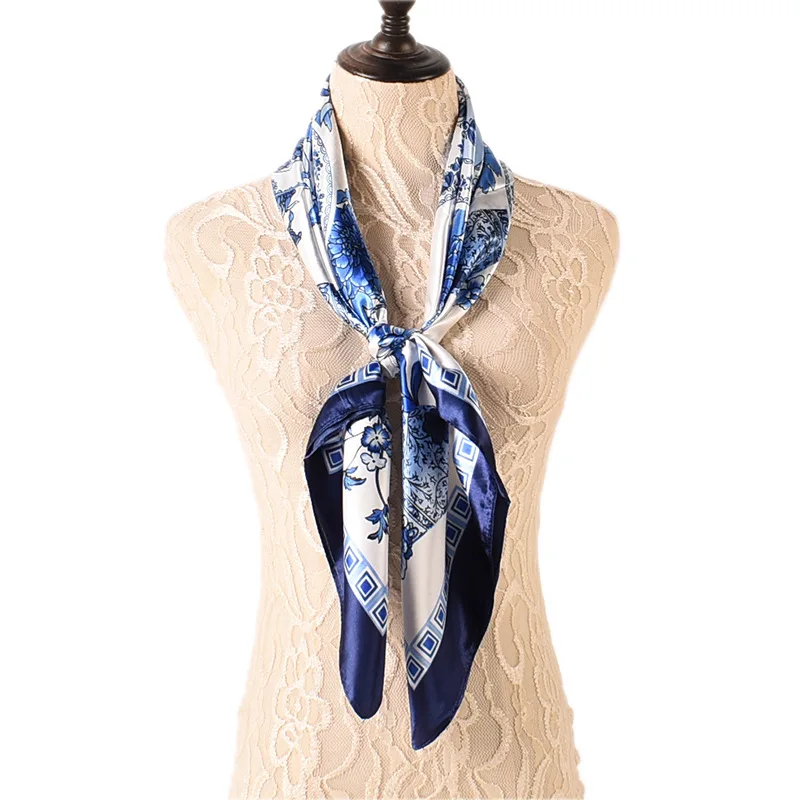 New Elegant Fashionable Blue White Porcelain Pattern Print High-quality 90X90 Satin Large Square Scarf Luxury Replica Brands