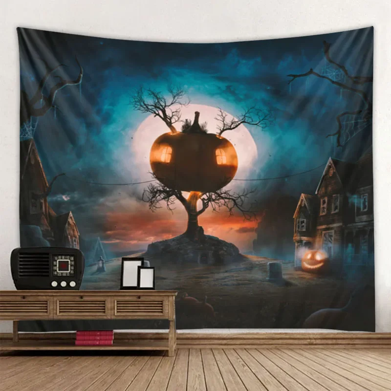 Halloween Tapestry Art Blanket Curtain Hanging Home Bedroom Living Room Decoration Ghost Scary Pumpkin Skull Bat Castle