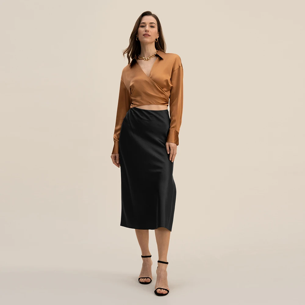 LILYSILK Silk Wrapped Crop Top for Women Turn Down Collar Back Bow Tied V Neck Shirt