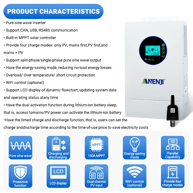 ANENJI 7200W Parallel 48V Hybrid Solar Inverter Parallel Capability 6 units MPPT 150A PV 90-485VDC On/Off Grid Solar Charge Controllers