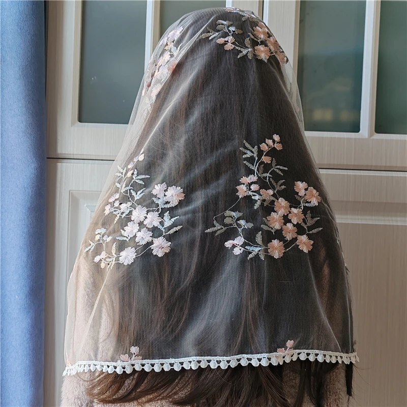 Velos de Mantilla florales infinitos, tul blanco católico para misa, Iglesia, cubierta para la cabeza, capilla Vintage bordada, flores grises y rosas