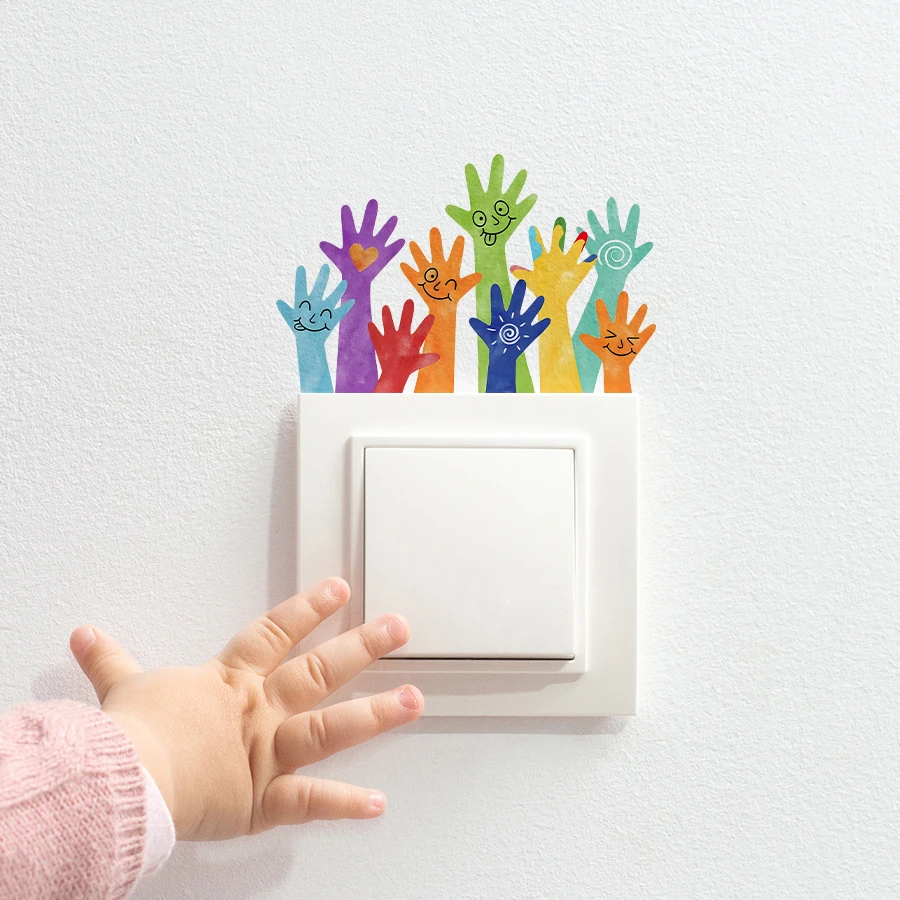 Cute Hand Print Light Switch Sticker Colorful Smile Face Wall Decal For Kids Room Self-Adhesive Vinyl Switch Cover Decoration