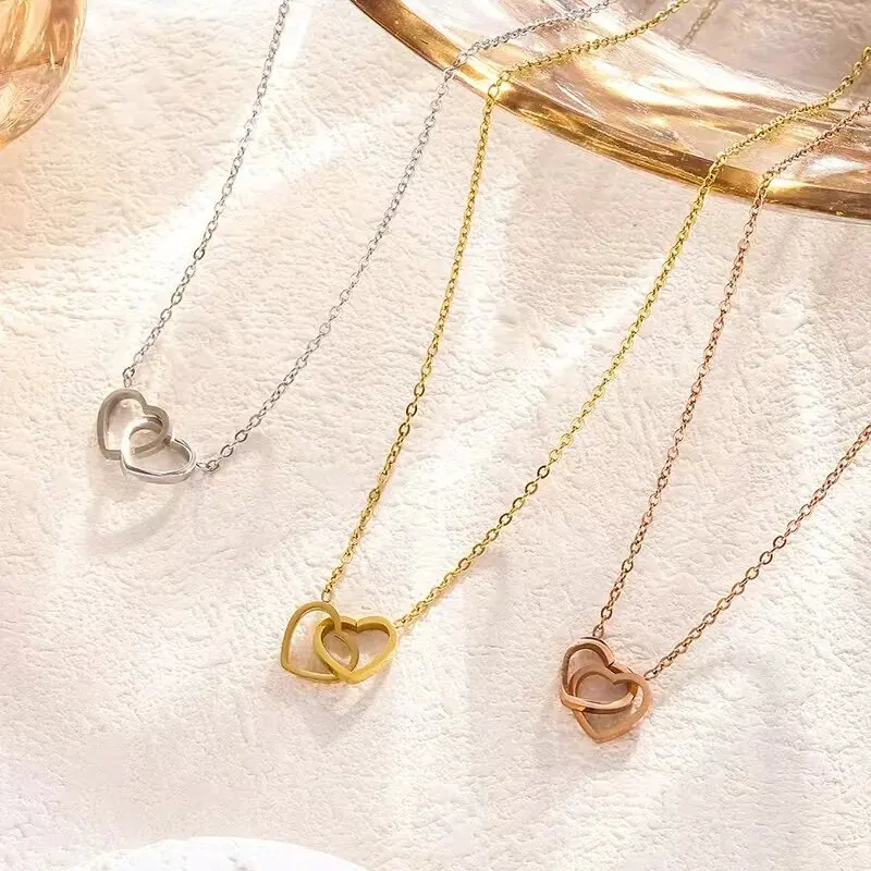 

2025 Ins 18K Gold Plated Stainless Steel Double Hearts Pendants Heart Chain Necklace Women Birthday Gift Hot-selling Jewelry