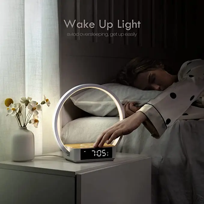 Custom home decor touch sensor smart wake up light desk alarm clock 10W 15W wireless charger led night bedside table lamp