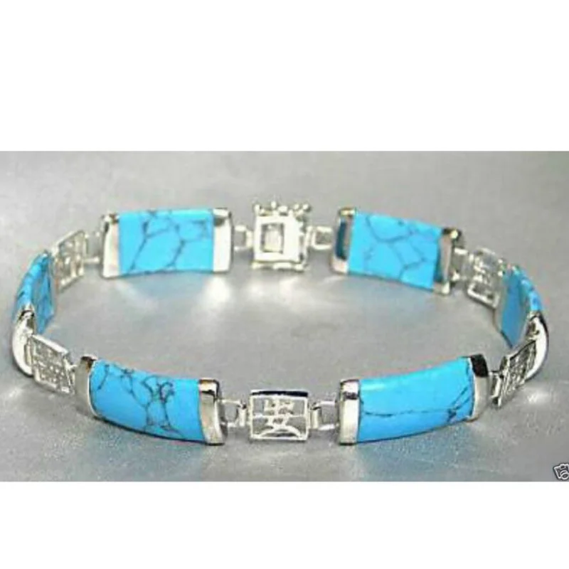 

Pretty Blue Turquoise 925 Sterling Silver Fortune Lucky Link Bracelet