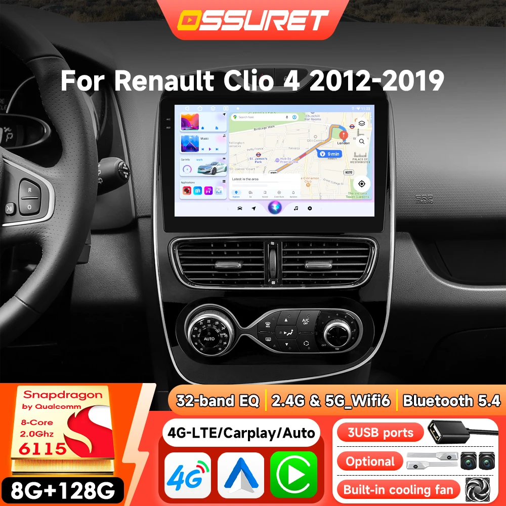 Autoradio Android 8 cœurs 8G 128G pour Renault Clio 4 IV 2012-2019, GPS multimédia pour voiture, Carplay sans fil par Qualcomm Snapdragon 6115