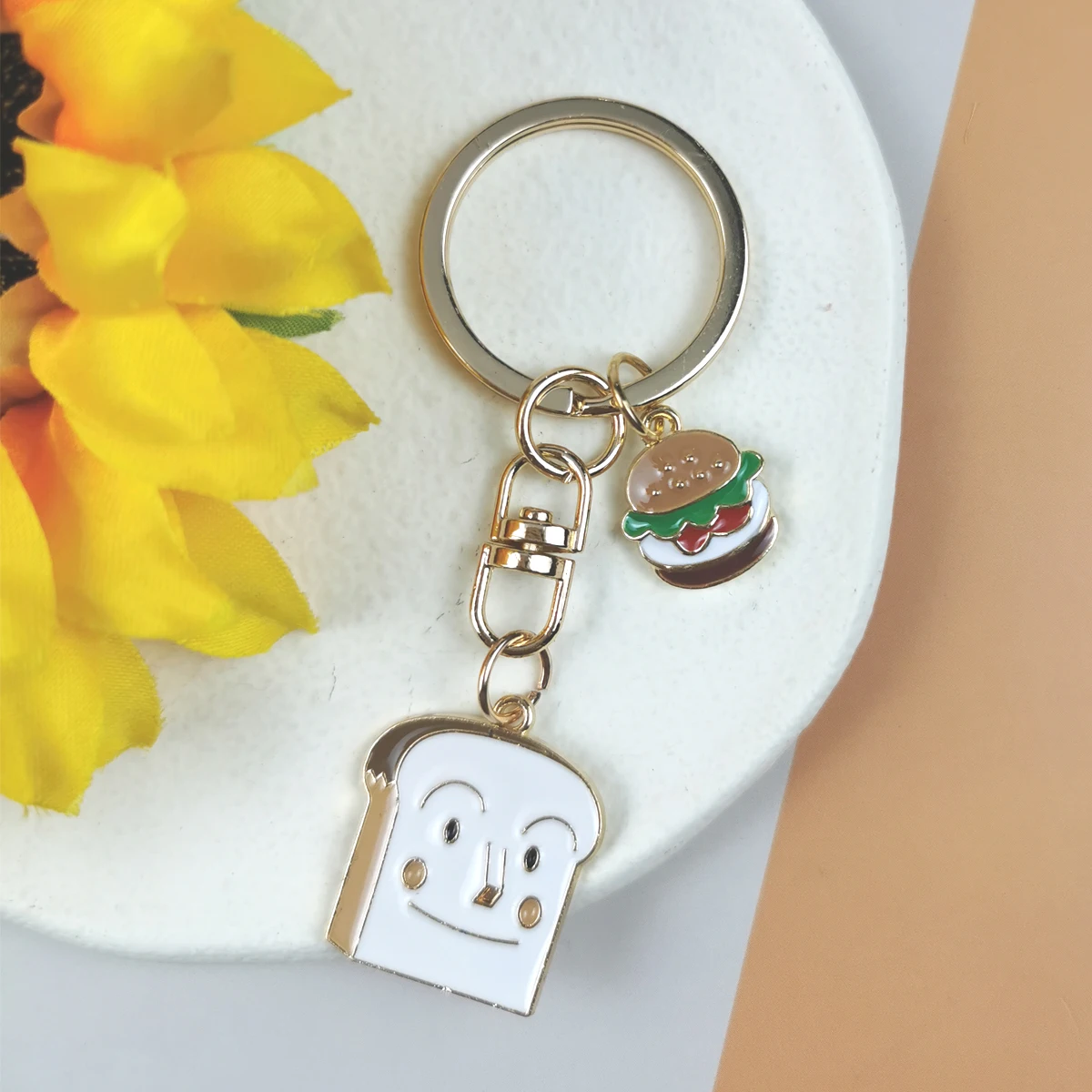 2 Pcs Imitation Food Keychain Toast Hamburger Enamel Metal Key Ring Gifts For Girls Handmade Phone Case Key Chains Charms