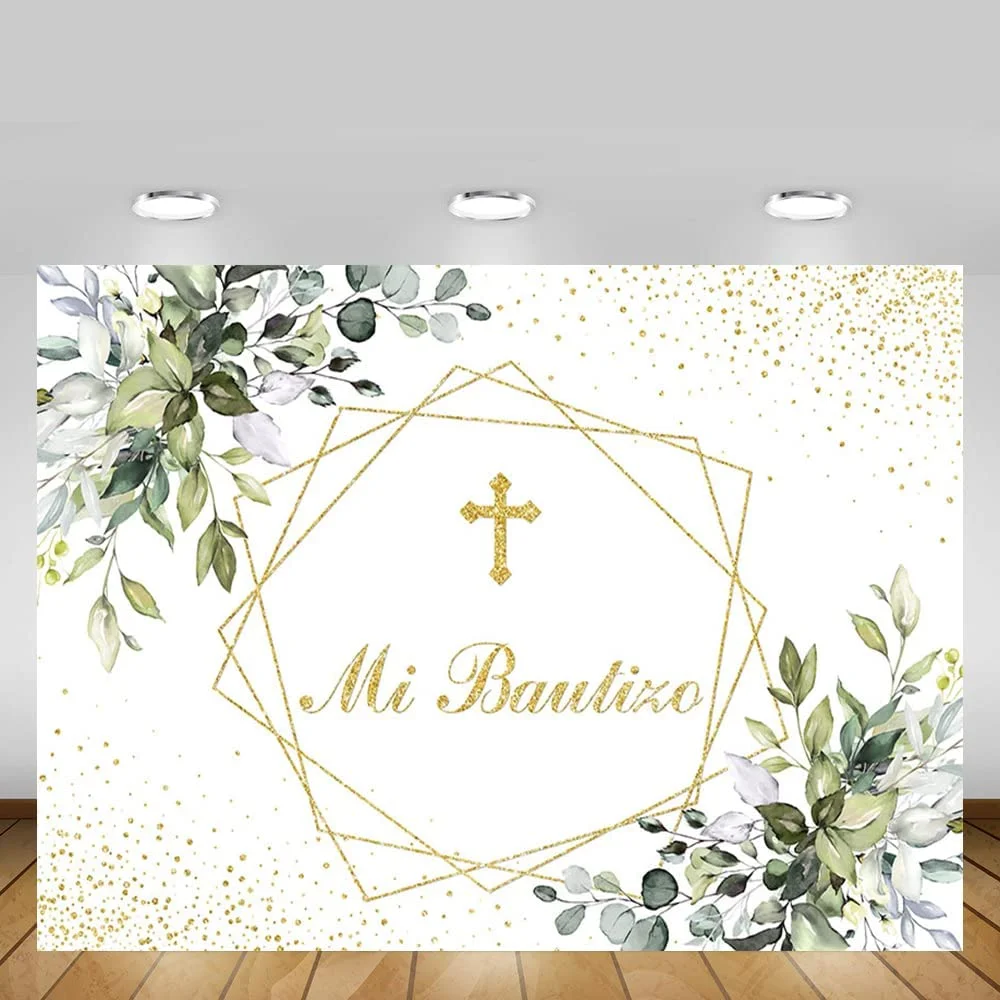 

Mi Bautizo Backdrop Mexican Baptism Party Supplies First Holy Communion Newborn Baby Shower Gold Glitter Background Greenery