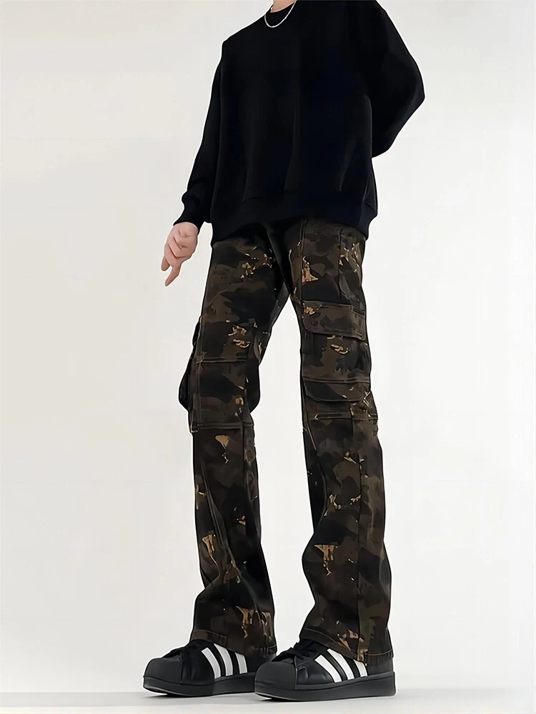 

American Sle Camouflage Workwear Jeans Men's Slim Fit Straight Leg Vintage Pants Spring Autumn Wear Resistant Casual Trousers