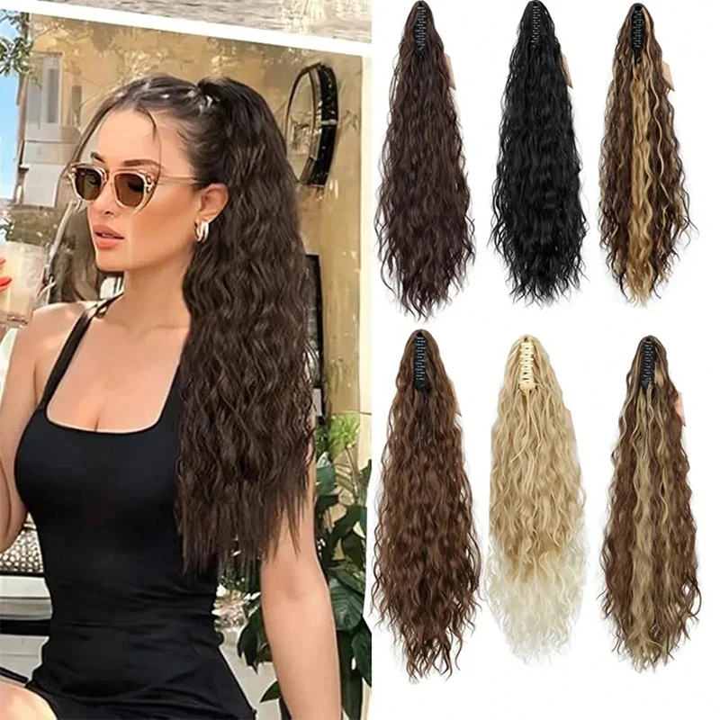 

Long Water Wave Claw Ponytail Hair Extensions 26'' Curly Wavy Clip in Ponytail Synthetic Curly Horse Tail Hairpiece for Women