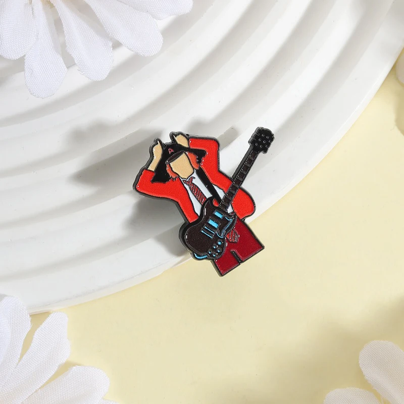 Classic Hard Rock Band Boy Enamel Pins Legend Red Schoolboy Hand Gesture & Guitar Brooch Bag Lapel Badge Jewelry Gift for Friend