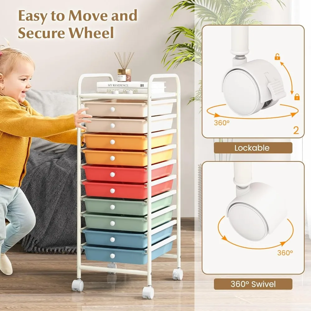 Rollwagen mit 10 Schubladen, abnehmbaren Schubladen, Stahlrahmen und Universalrollen für Dienstprogramm und Organisation