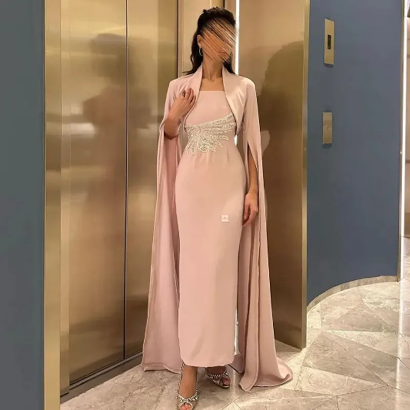 Aleeshuo Elegant Dubai Arabic Long Sleeeves Evening Dresses Women Strapless Ankle-Length Beads Prom Gowns Formal Occasion Dress