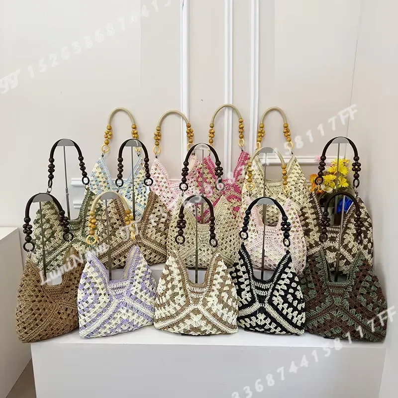 for 8 Styles Beaded Handle Crochet Knitting Colorblock Woven Shoulder Bag Women Summer Hollow Handbag Lightweight Casual