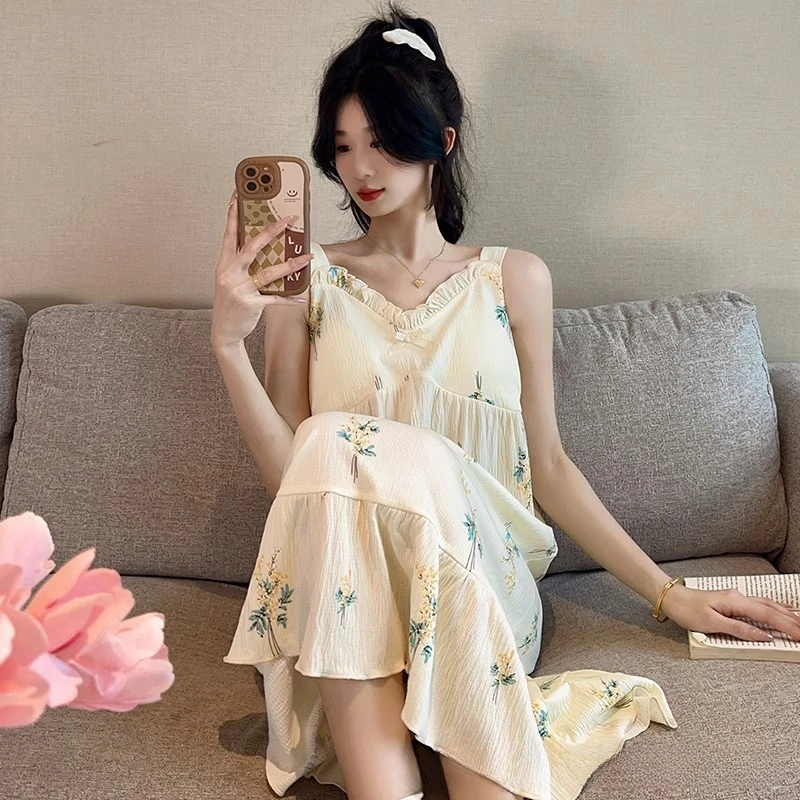 Sleeveless Nightgown Women with Padded Summer Sweet Bow Ruffles Leisure Korean Fashion Girlish Lovely Princess Sleepwear 4XL