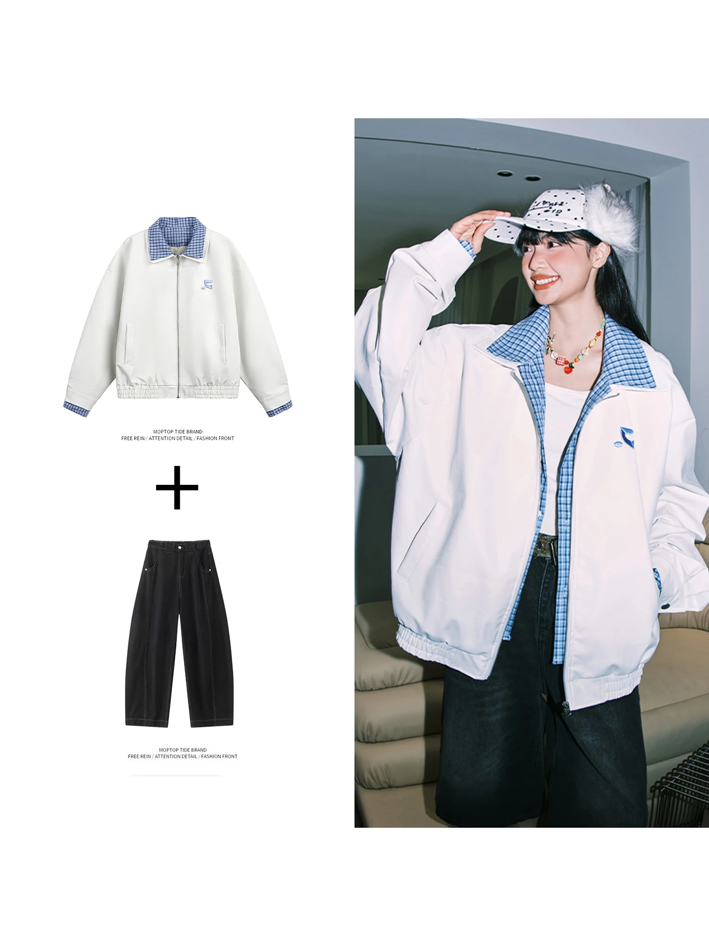 

Vintage Plaid Patchwork Fake Two-Piece Mr. WH Leather Jaet Women's New 2025 Spring Autumn Long Sve Zipper Closure Coat