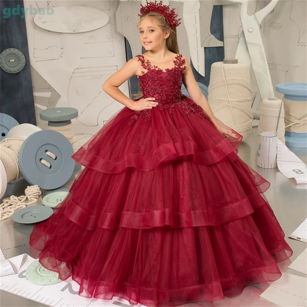 Flower Girl Dress Red Layered Fluffy Tulle Bow Sparkly Sleeveless Wedding Flower Child Communion Birthday Party Dress Customized