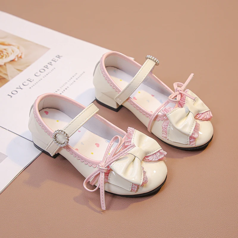 Girls High Heeled Leather Shoes Princess Chic with Double Bow-knot Kids Princess Wedding Party High Heels Fashion Dress Shoes