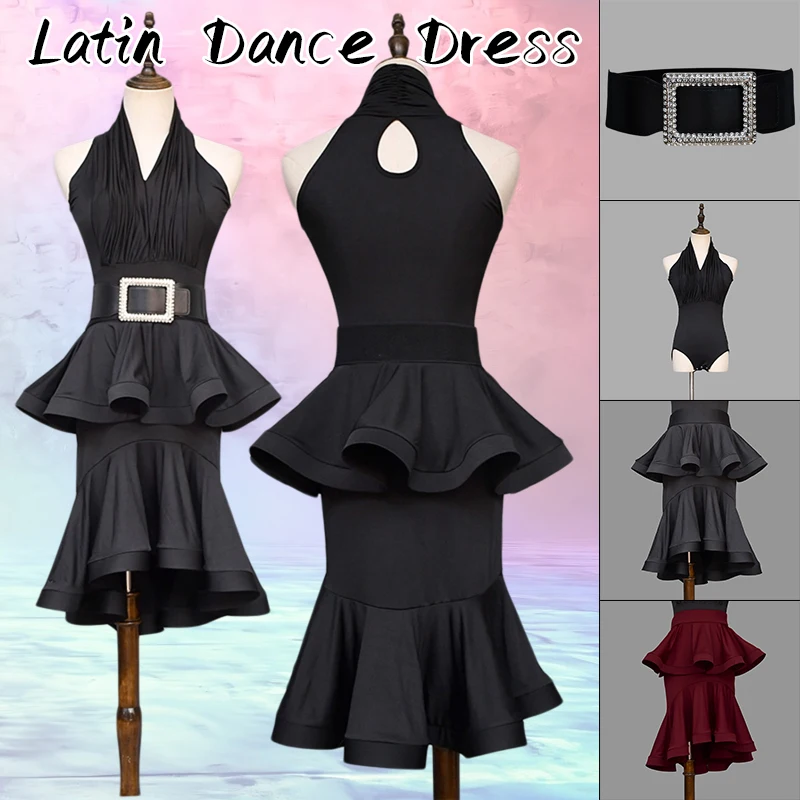 

Women Elegant Sleeveless Dance Tops Ruffle Latin Dance Skirt Salsa Chacha Tango Rumba Latin Dance Stage Performance Costumes