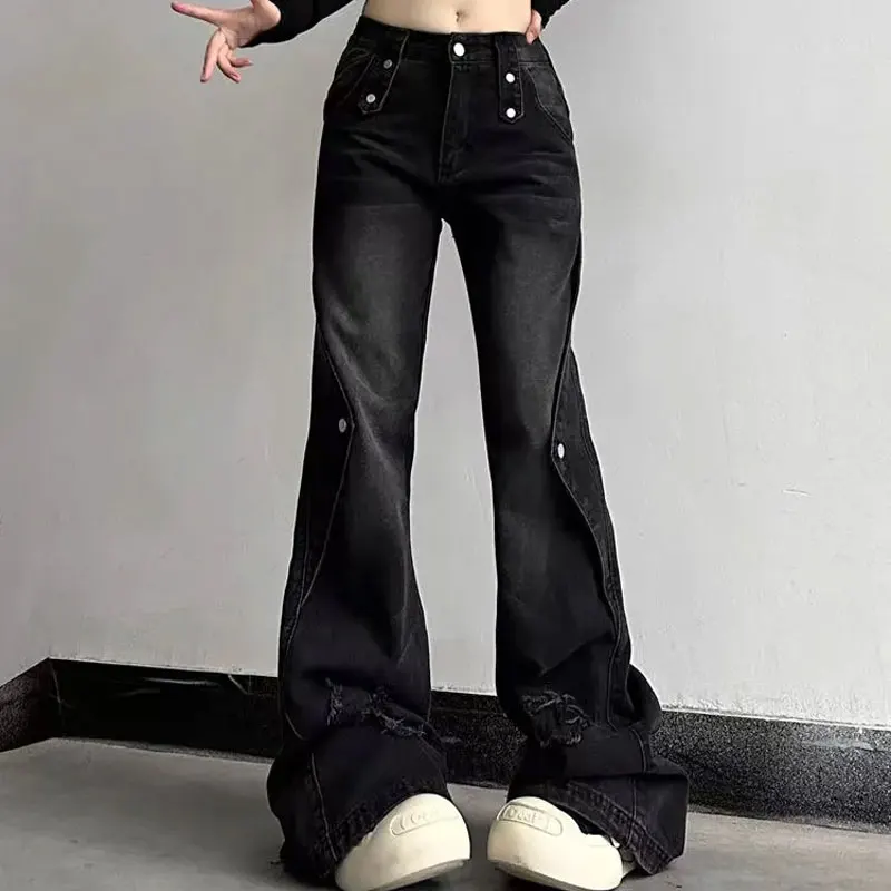 

Retro High Street Wide Leg Bootcut Jeans Autumn Winter Black Distressed Female Clothing Denim Pants Chic Ripped Button Trousers
