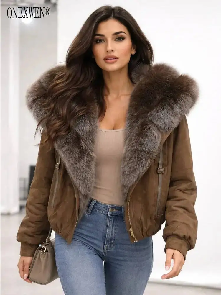 ONEXWEN Luxury Suede Jacket Women Winter Thick Warm Natural Fur Collar Hooded Down Coat Brown Parka Bomber Outerwear ZM5393