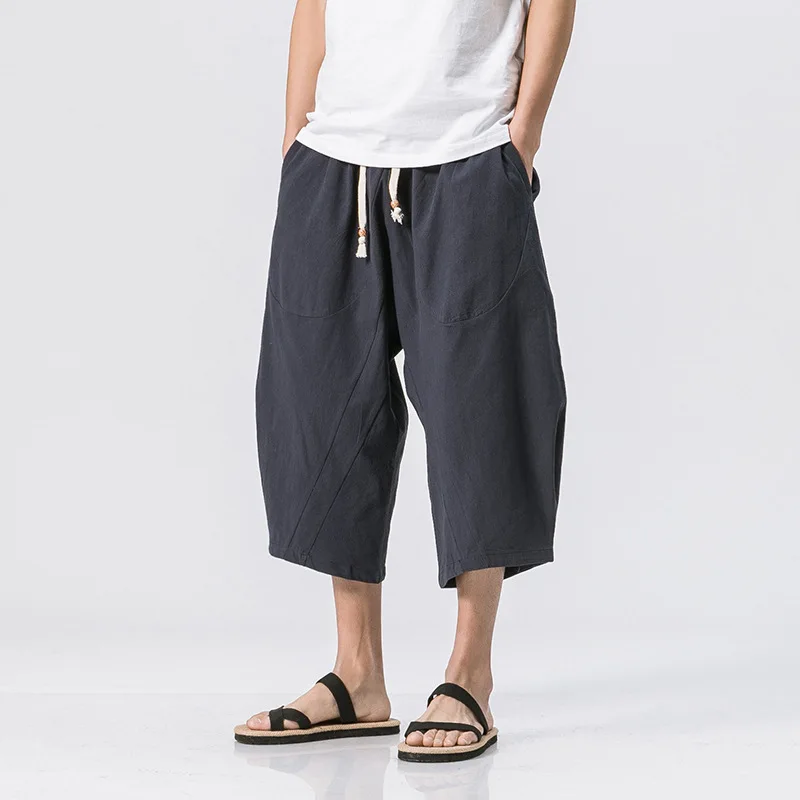 2023 Summer Men Harem Pants Short Joggers Chinese Style Calf-Length Casual Baggy Pants Solid Color Male Capris Trousers 5XL