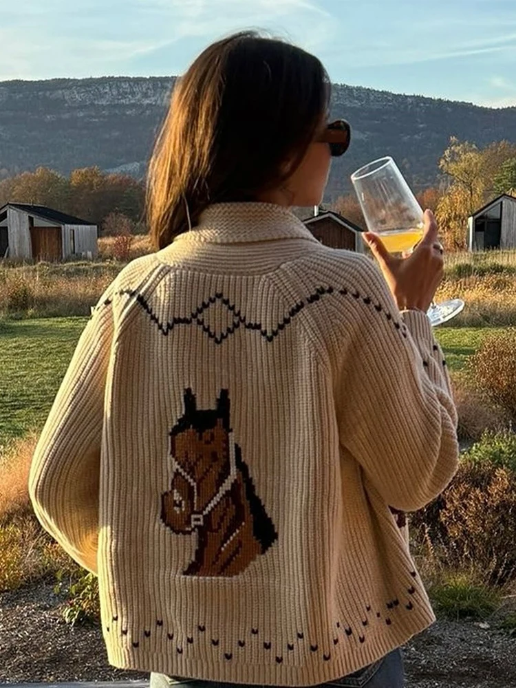 Vintage Western Pferdemuster Strickjacke für Damen Boho Langarm Offene Vorderseite Grober Pullover Retro Reitsport Strickoberbekleidung – Detail 2