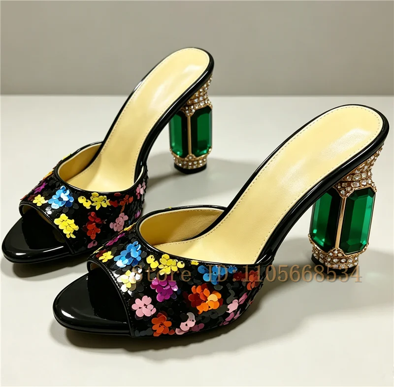 Women Sparkly Sequin Open Toe Slide Mules Luxury Design Crystal Block High Heel Slippers Evening Party Wedding Dress Shoes
