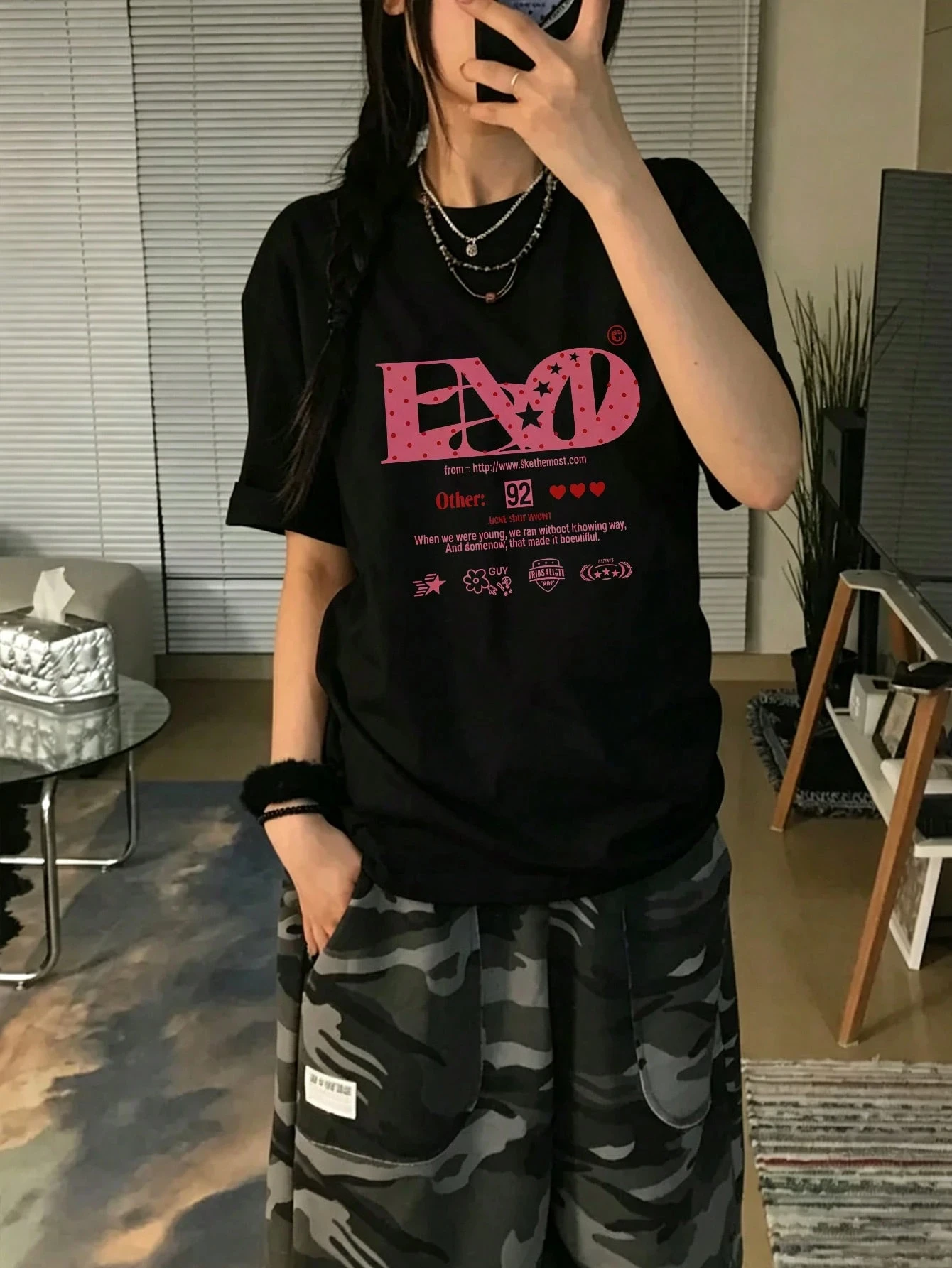 Y2K Style Korean Loose-fit Printed T-shirt, Cute Cartoon Print Drop Shoulder T-shirt, Cute Cartoon Print Drop Shoulde