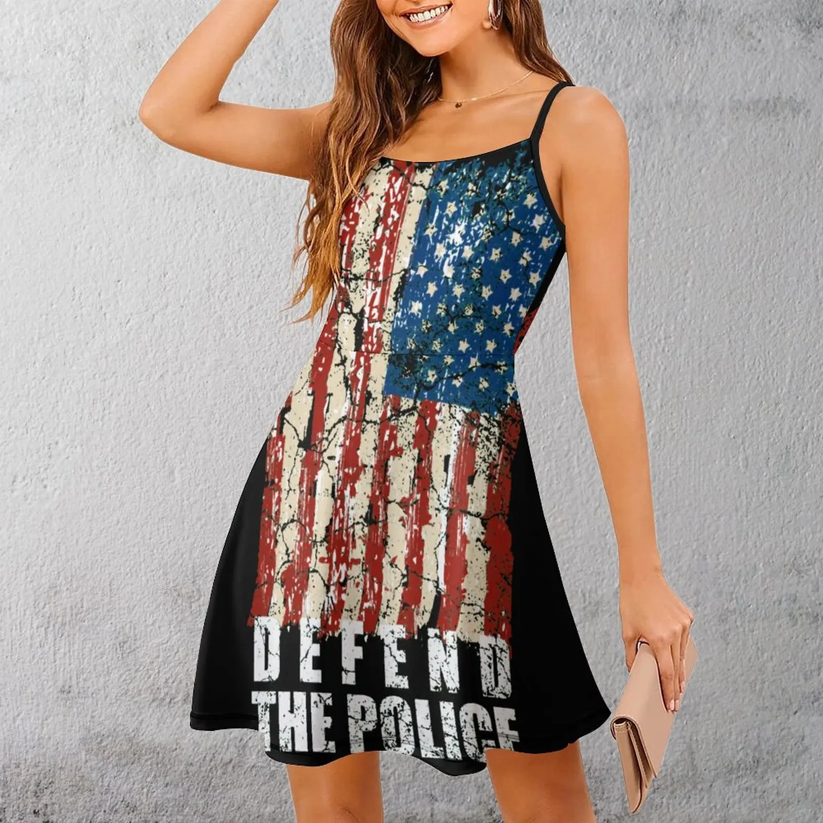 Defend-the-police-American-Flag-Defend-The Women's Sling Dress Cute Sexy Woman's Clothing Humor Graphic  Parties Suspender Dress