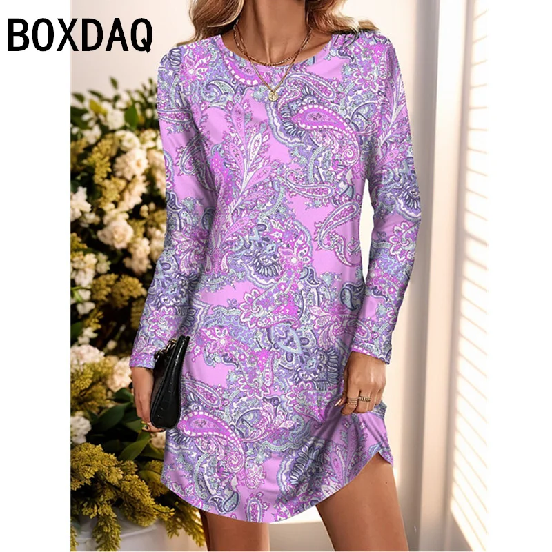 Women's Long Sleeved O-Neck A-Line Dress Retro Floral Pattern Casual Dress Retro Elegant And Minimalist Dress Vestidos