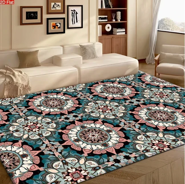 Vintage Mandala Floral Seamless Pattern Carpet Flooring, Bohemian Non-Slip Area Rug for Living Room Bedroom Home Decor