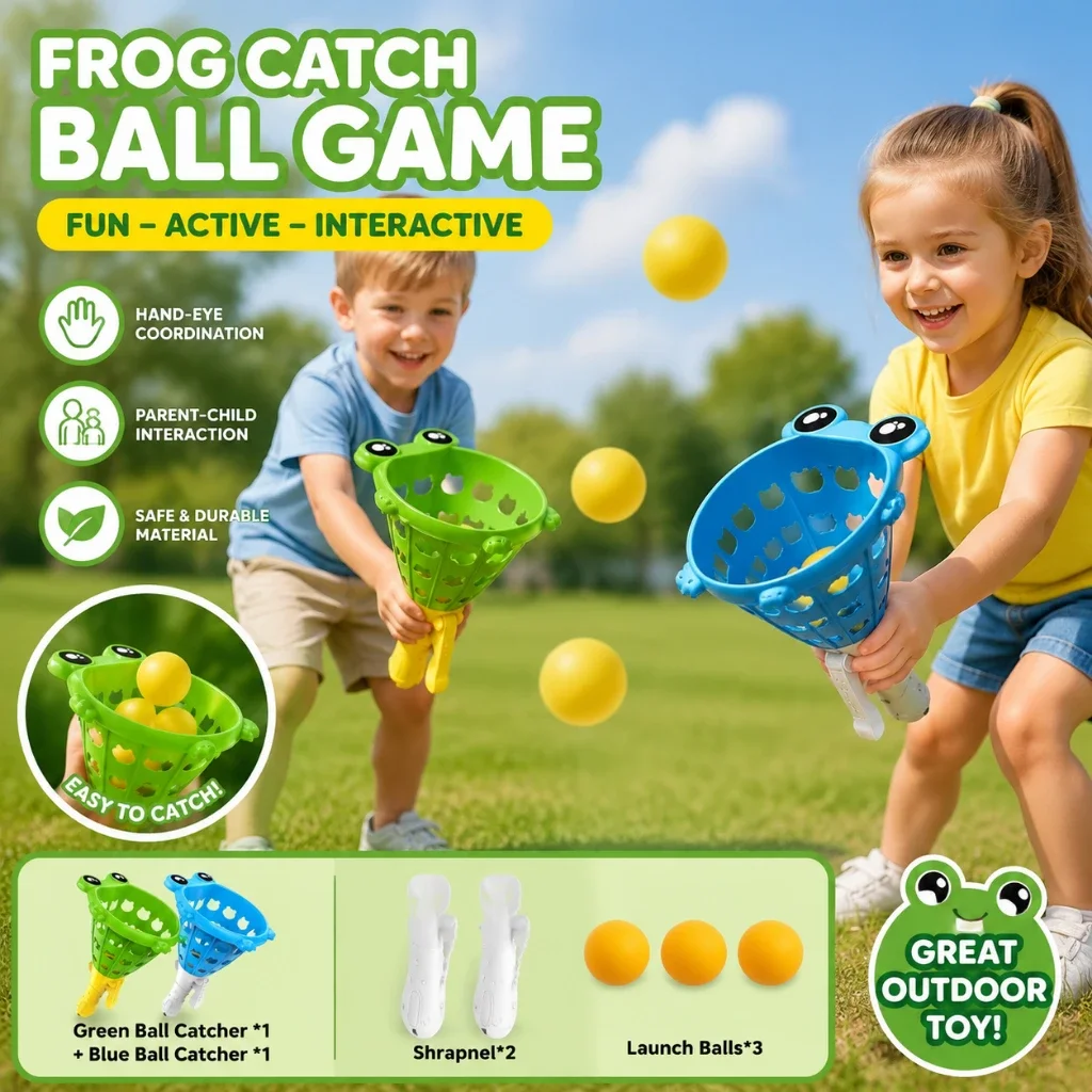 Frog Catapult Ball Toy with 2 Launchers & 3 Balls, Exercises Hand-Eye Coordination, Parent-Child Outdoor Game, Kids Holiday Gift