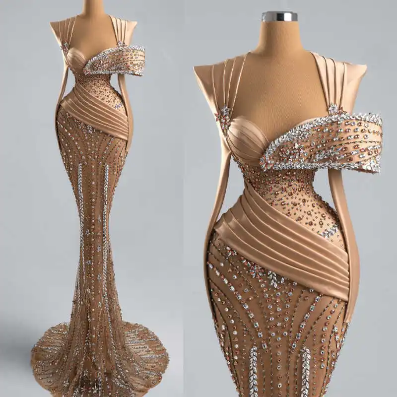 

Luxurious Crystals Mermaid Prom Gowns Long Sleeve Sweep Train Evening Dresses Customized Dinner Party Dresses